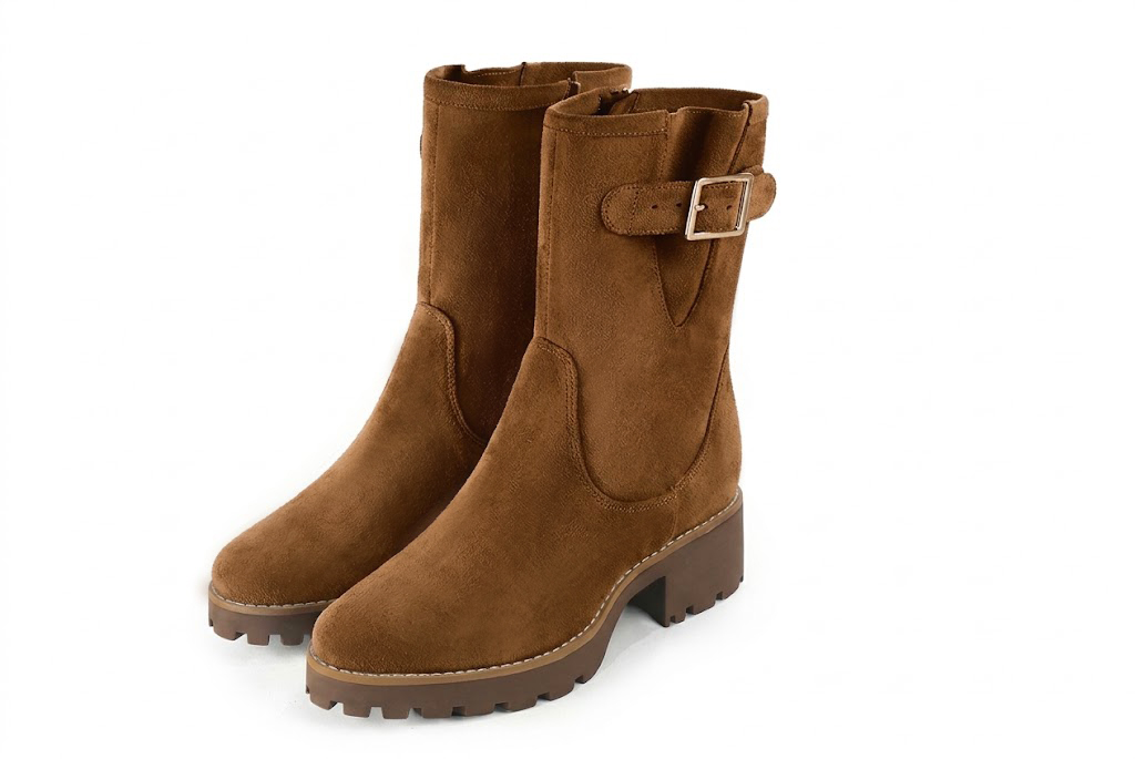 Women's cognac side-buckle ankle boots with round toe and chunky rubber lug sole - Front view